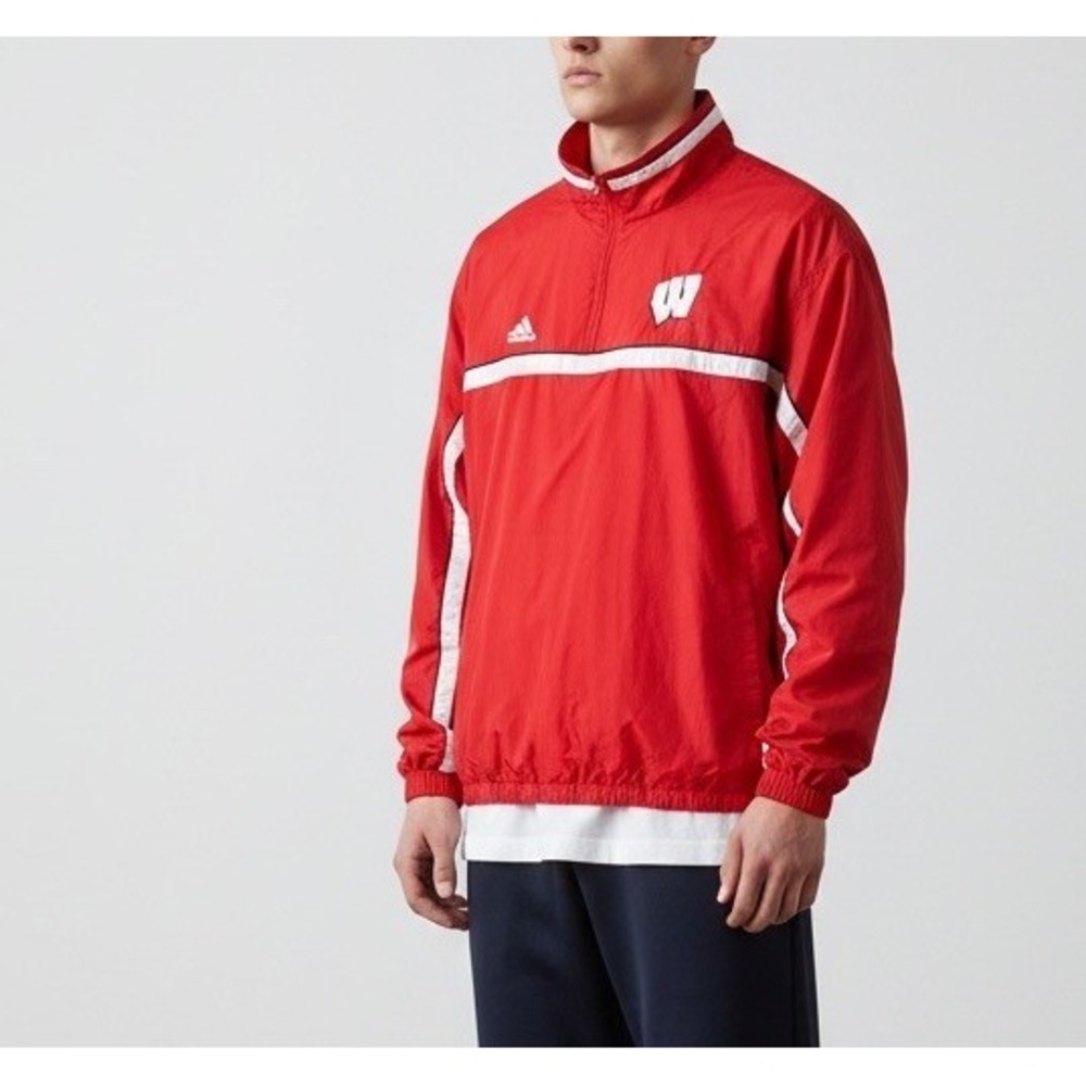 Mens XL WISCONSIN BADGERS Adidas 1/4 Zip Windbreaker Pullover Red White Vintage